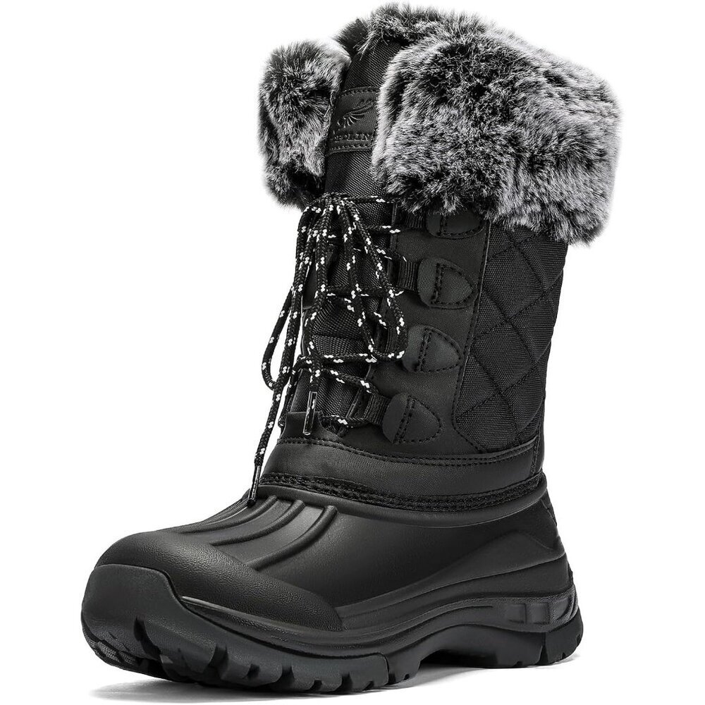 Women's Black Waterproof Winter Boots Warm Fur Lined Anti Slip Mid Calf - Picture 1 of 5